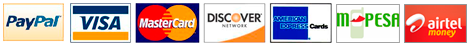 PayPal, Visa, Mastercard, Discover, American Express, M-Pesa, Airtel Money